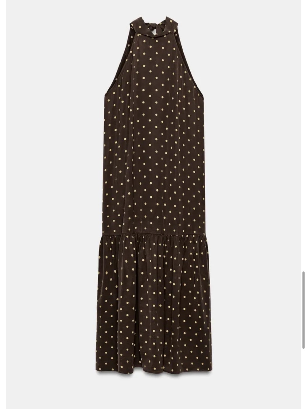 NWT ZARA Sleeveless High Neck Brown & Yellow Polka Dot Tiered Bottom Maxi Dress